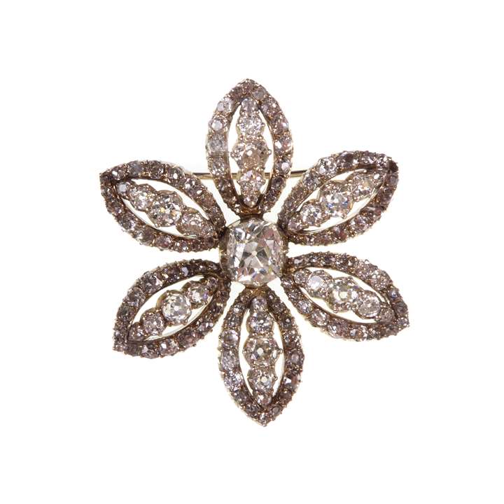 Diamond six petalled flowerhead cluster brooch, after an earlier design